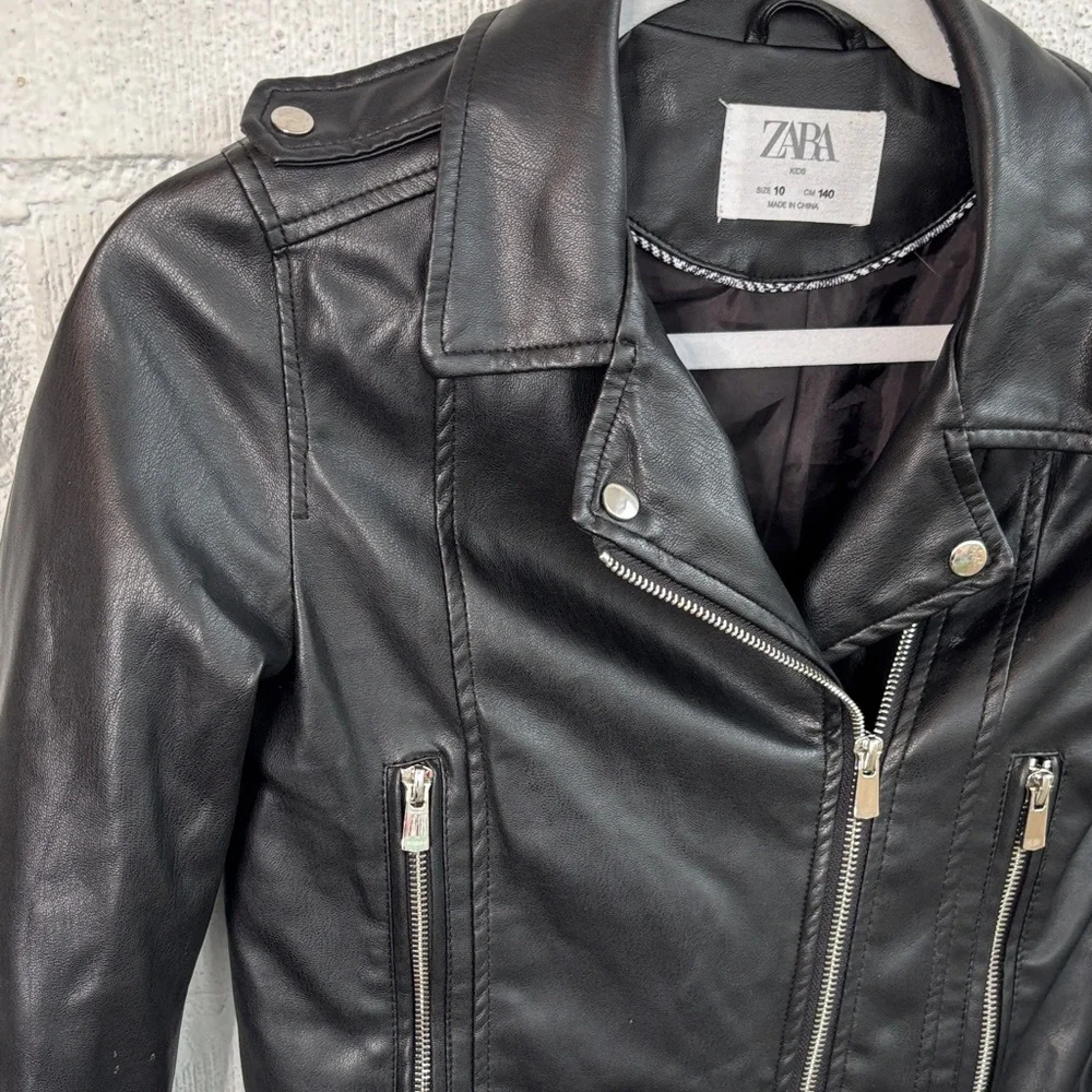Zara Faux Leather Girls Sleek Black Biker Moto Jacket sz 10